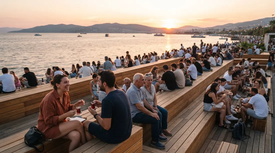 Bostanlı Sunset Lounge à l'heure dorée, terrasses en bois de frêne en cascade remplies de locaux faisant face au golfe d'İzmir alors que le soleil descend derrière les collines
