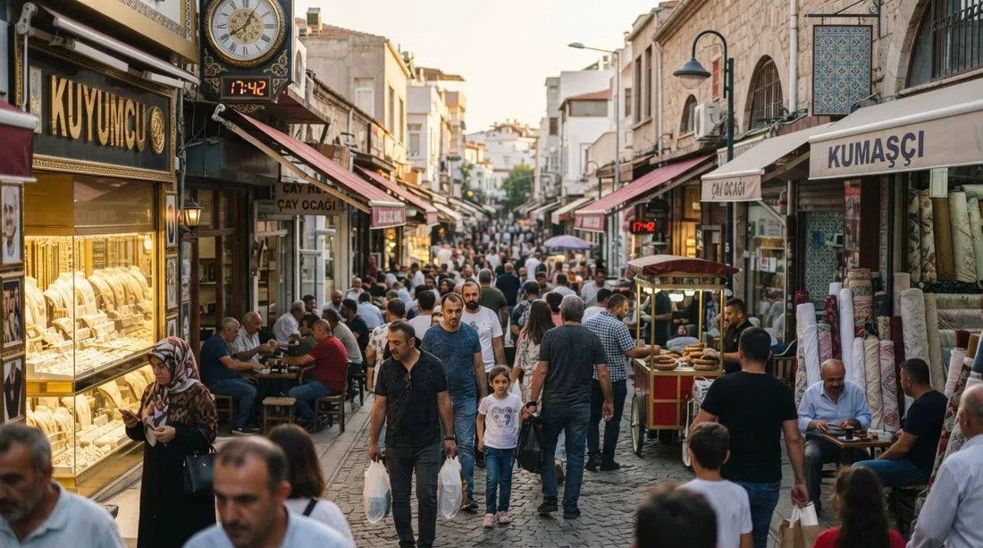 Karşıyaka Çarşısı sur la rue Kemal Paşa, pâtés de maisons piétons bondés avec bijouteries, vendeurs de tissus, salons de thé et chariots de nourriture en fin d'après-midi