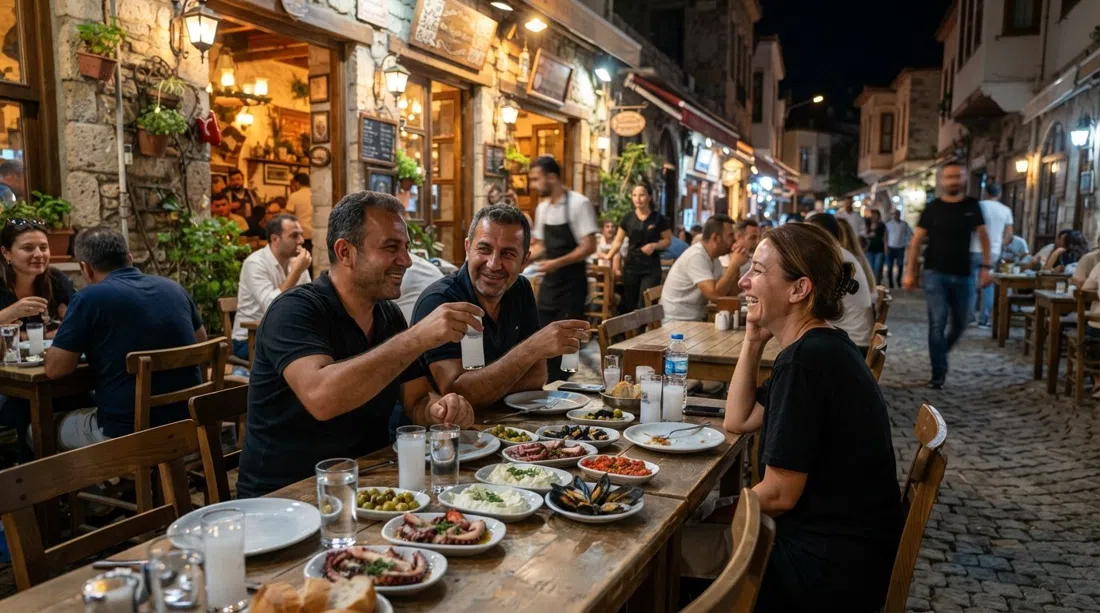 Bostanlı Meyhanesi sur le 6352 Sokak la nuit, tables dressées pour le rakı et le meze avec poulpe, petites assiettes et lumière intérieure chaleureuse