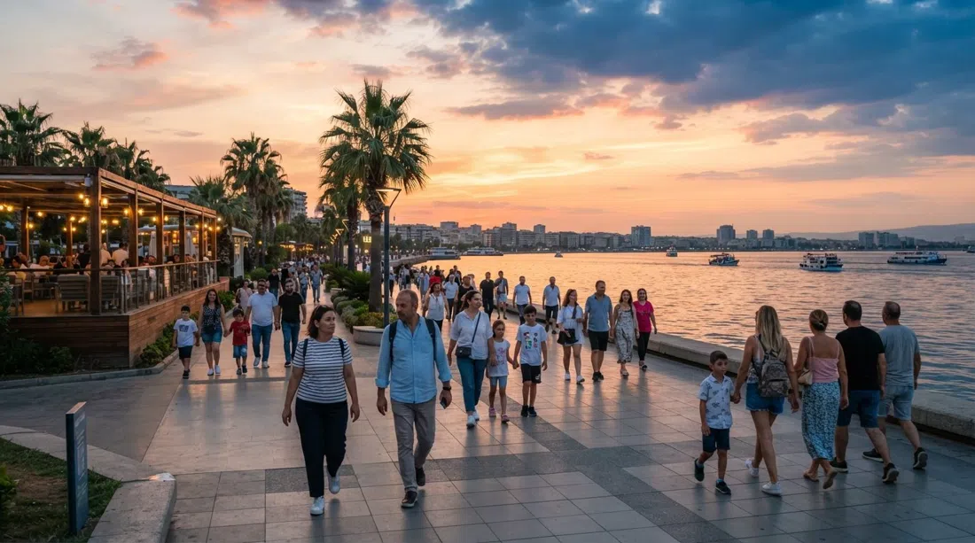 la promenade orientée à l'ouest à Karşıyaka au coucher du soleil, des locaux marchant vers le Bostanlı Sunset Lounge le long du golfe d'İzmir