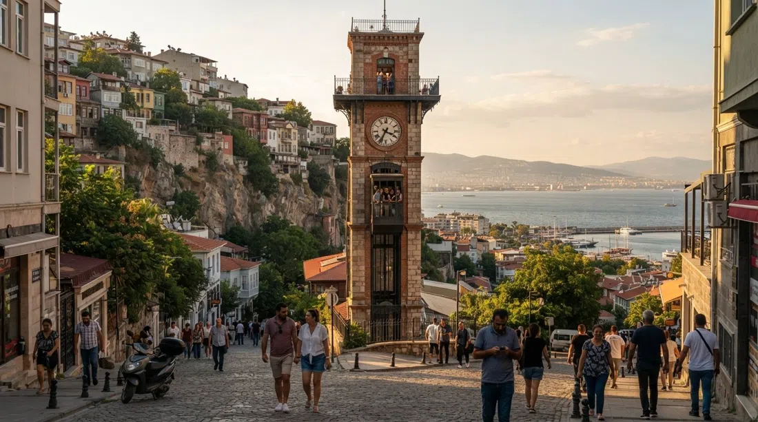 the historic Asansör elevator rising from Mithatpaşa Caddesi in Karataş, with the cliff face below and the Gulf of İzmir beyond at late afternoon light