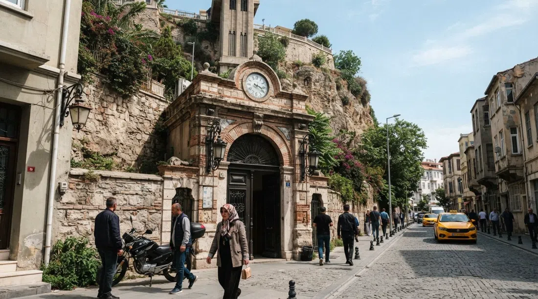 the lower entrance of the Asansör on Mithatpaşa Caddesi, with the historic elevator doorway and street activity at the base of the cliff
