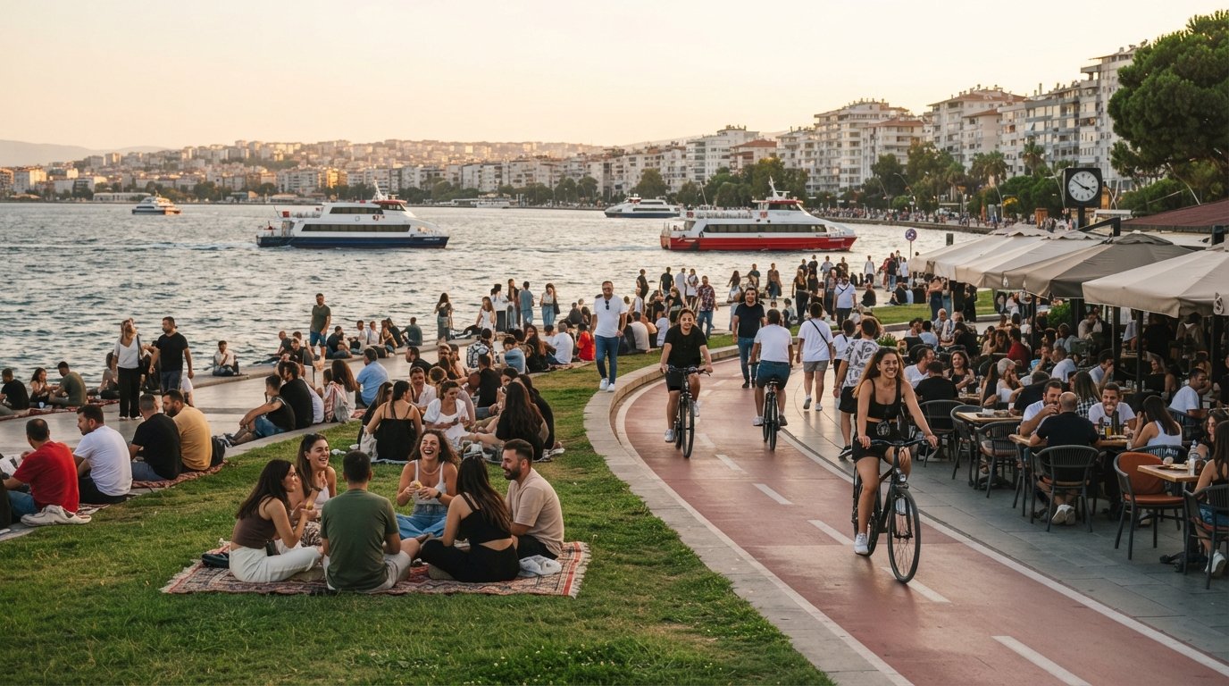 la promenade du Kordon à Alsancak à l’heure dorée, bande herbeuse pleine de gens face à la baie, ferries traversant vers Karşıyaka, terrasses de café et piste cyclable dans le cadre