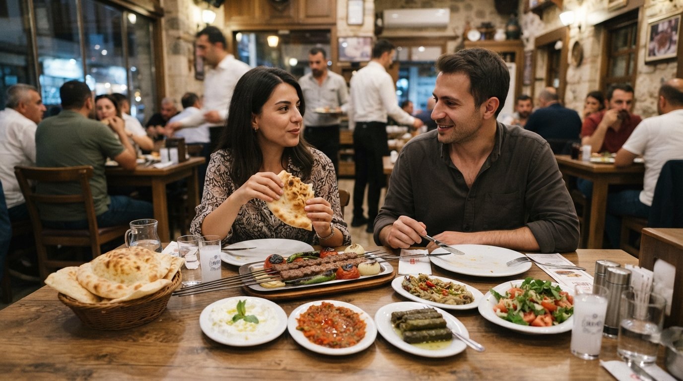 une table chez Tavacı Recep Usta sur Atatürk Caddesi, kebabs d’agneau, assiettes de mezzé offertes et pain chaud disposés dans une salle à manger animée au dîner