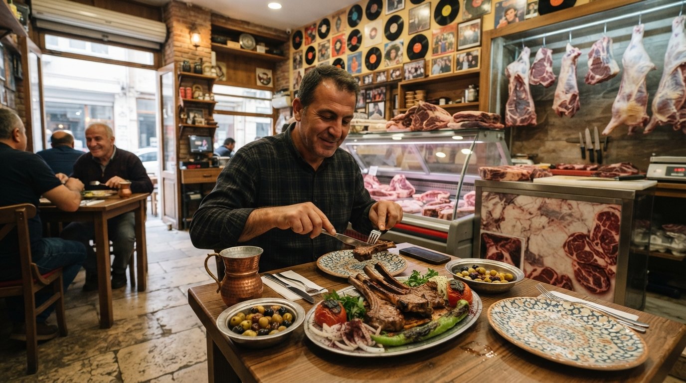 l’arrière-salle de Kasap Fuat au 1438 Sokak, steaks maturés exposés près du comptoir de boucherie, disques vinyles au mur, côtes d’agneau grillées servies dans une ambiance chaleureuse