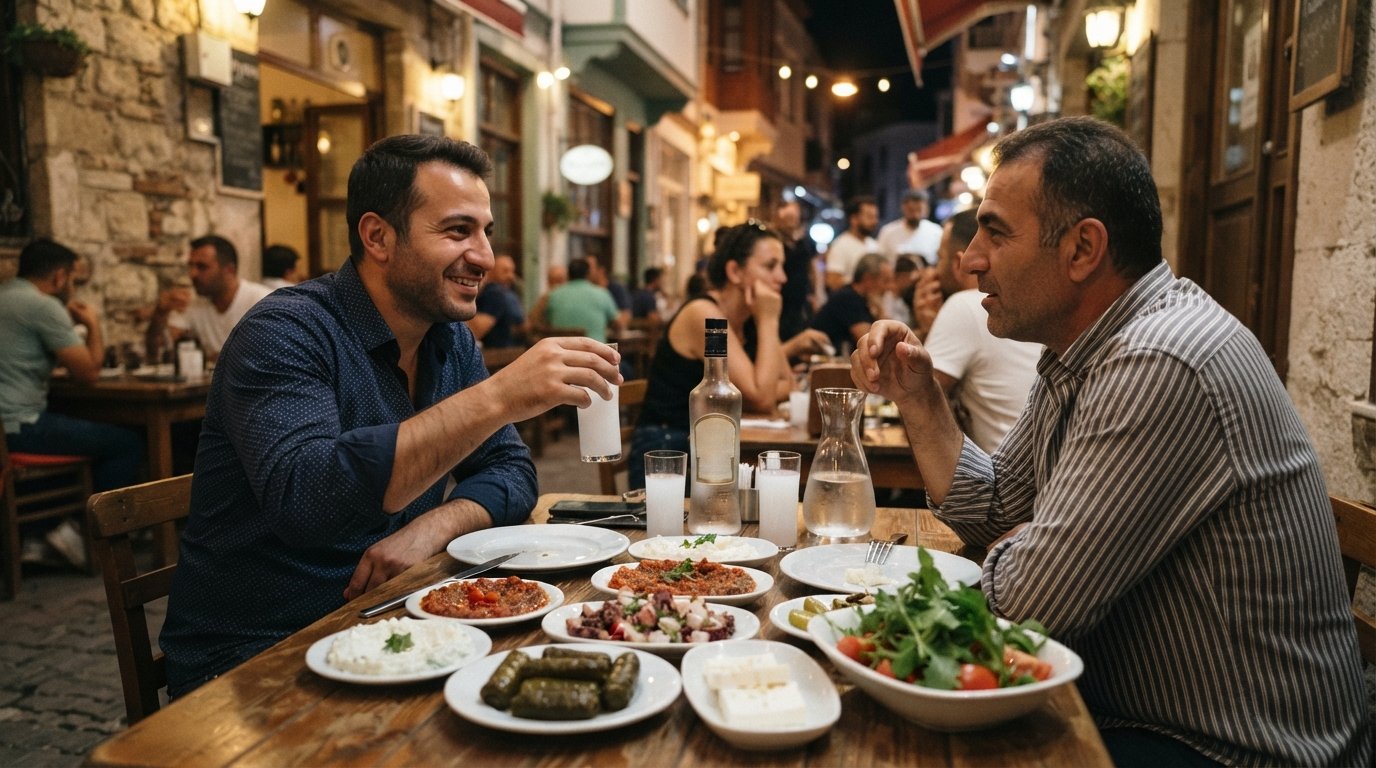 rakı et mezzés chez Hayyam sur Gazi Kadın Sokağı, assiettes chaudes et froides sur une table bondée sous une lumière tamisée, atmosphère classique de meyhane