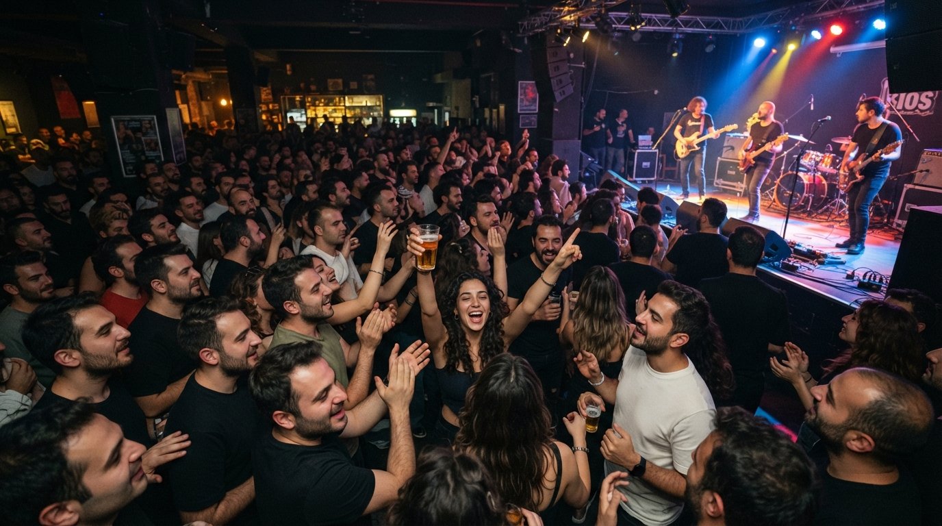 une nuit animée chez Bios sur Kıbrıs Şehitleri Caddesi, grande scène illuminée, public nombreux, énergie de concert et verres levés dans une pièce sombre