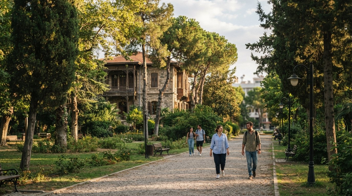 the cypress-shaded grounds of the Ege University Rectorate in Bornova, with the Whittall Big House set back behind trees in late afternoon light