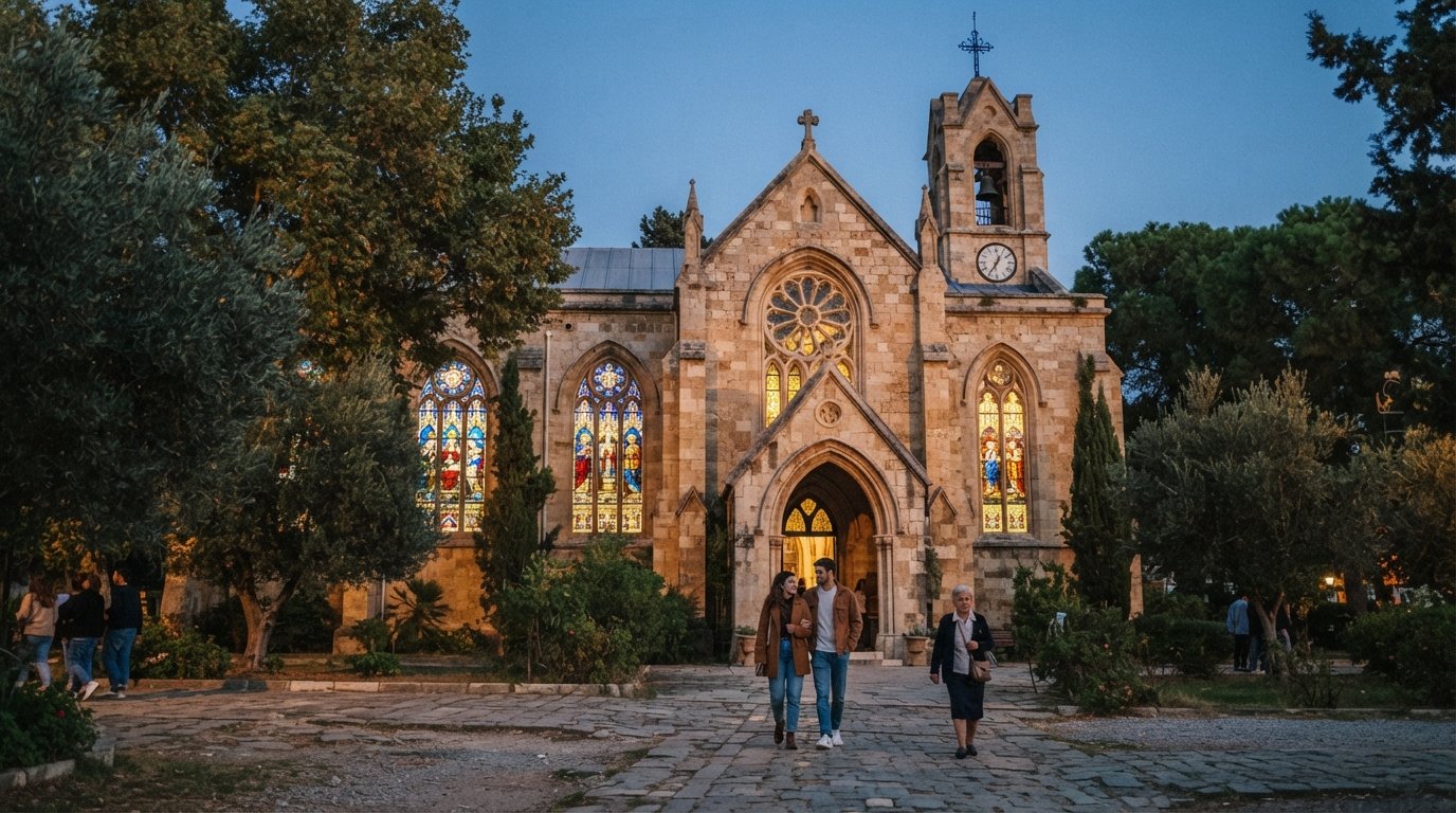 Saint Mary Magdalene Anglican Church in Bornova, showing the historic facade and glowing stained-glass windows from inside during soft evening light