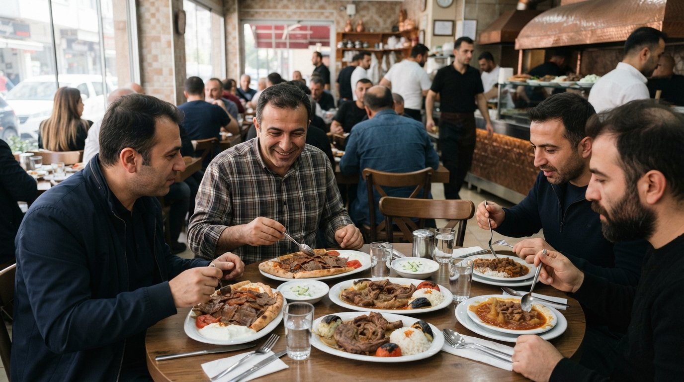 a busy lunch hour inside Zaim Usta in Bornova, with plates of döner, lamb neck, onion stew and rice pilaf on crowded tables