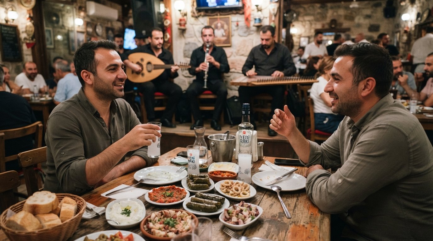 a meyhane table at Buzuki Meyhane in Bornova, with meze plates, rakı glasses and musicians playing fasıl in the background