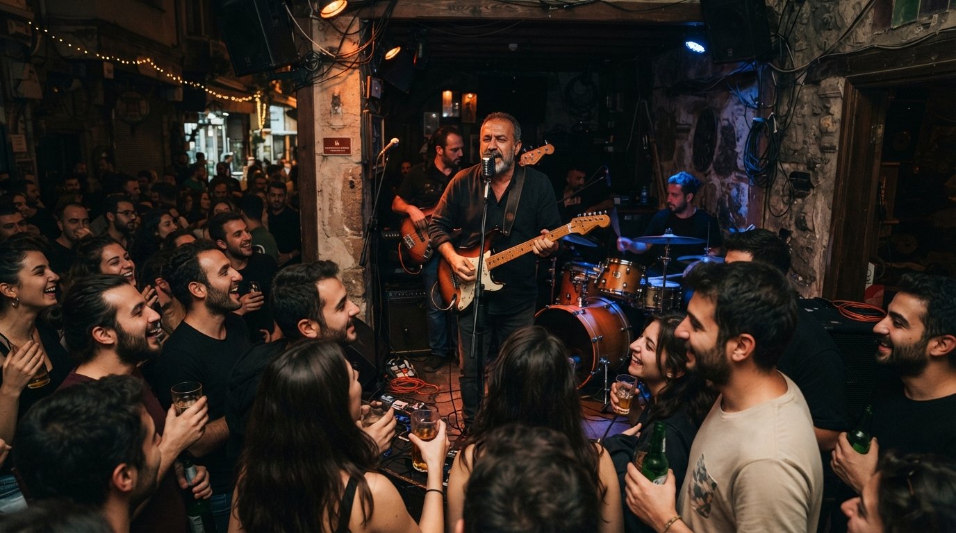 Beri Blues on 161 Sokak in Küçük Park, Bornova, with a live blues set and a packed, dimly lit crowd