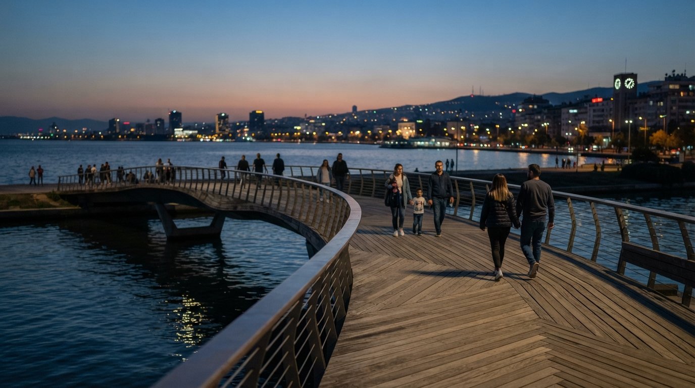 Bostanlı Footbridge over the creek at dusk, angled ash boards and open bay views with the city beyond