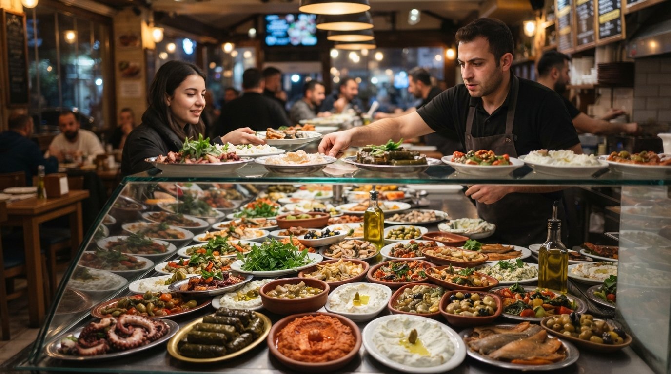 the meze counter at Bostanlı Ayvalık Balıkçısı, crowded with cold plates, octopus dishes and fish selections under warm restaurant lighting