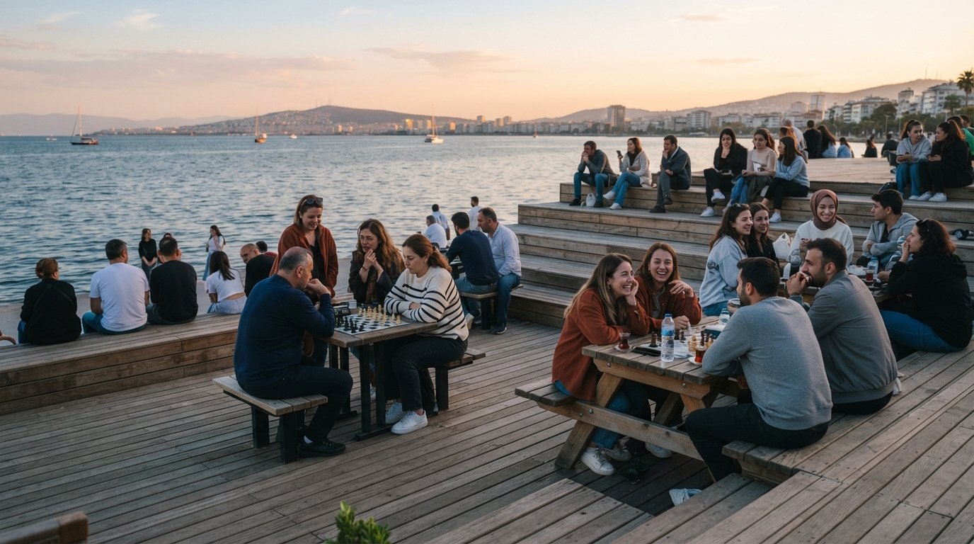 locals sitting on the Bostanlı Sunset Lounge steps near sunset, picnic tables and chess tables built into the ash-wood deck