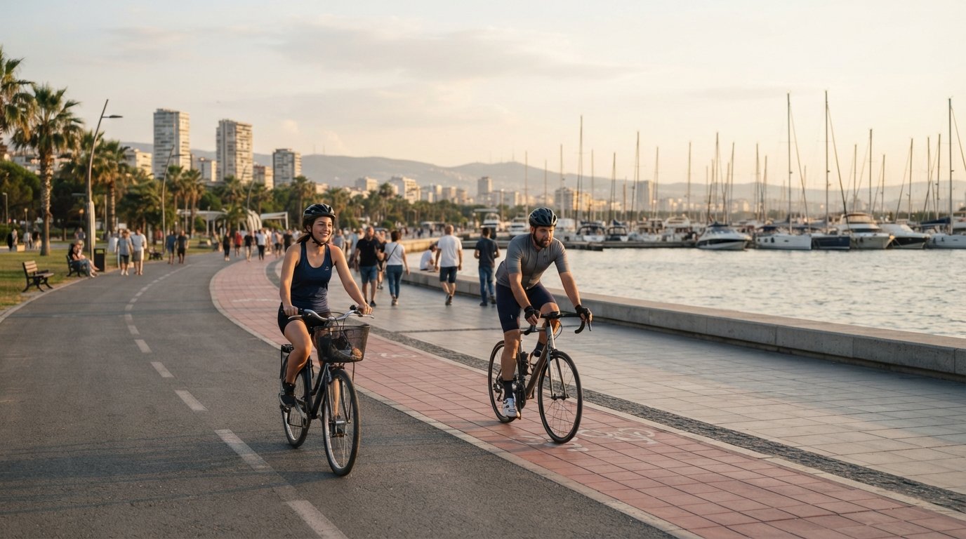 cyclists on the Bostanlı–Mavişehir coastal cycle path beside the seafront park, flat promenade and marina light in late afternoon
