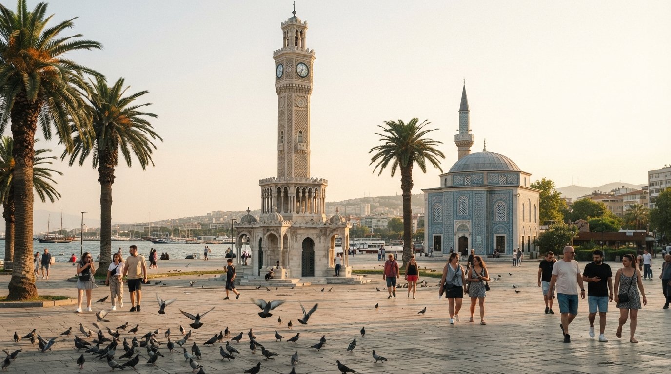 İzmir Clock Tower on Konak Square at late afternoon, palm trees and pigeons in the foreground, the tile-clad Yalı Mosque just beside it