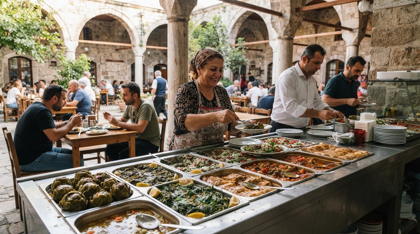 Kısmet Lokantası in Küçük Demir Han’s stone courtyard, trays of Aegean greens and stuffed artichokes on a simple lunch counter, daylight filtering through the arcade
