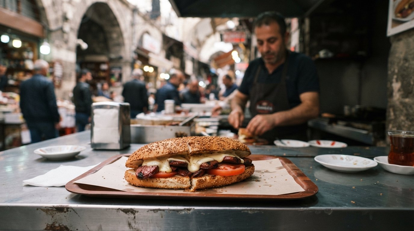 Kumrucu Ahmet’s sesame-crusted kumru sandwich on a counter in Kemeraltı, melted cheese, sucuk and tomato visible in close-up