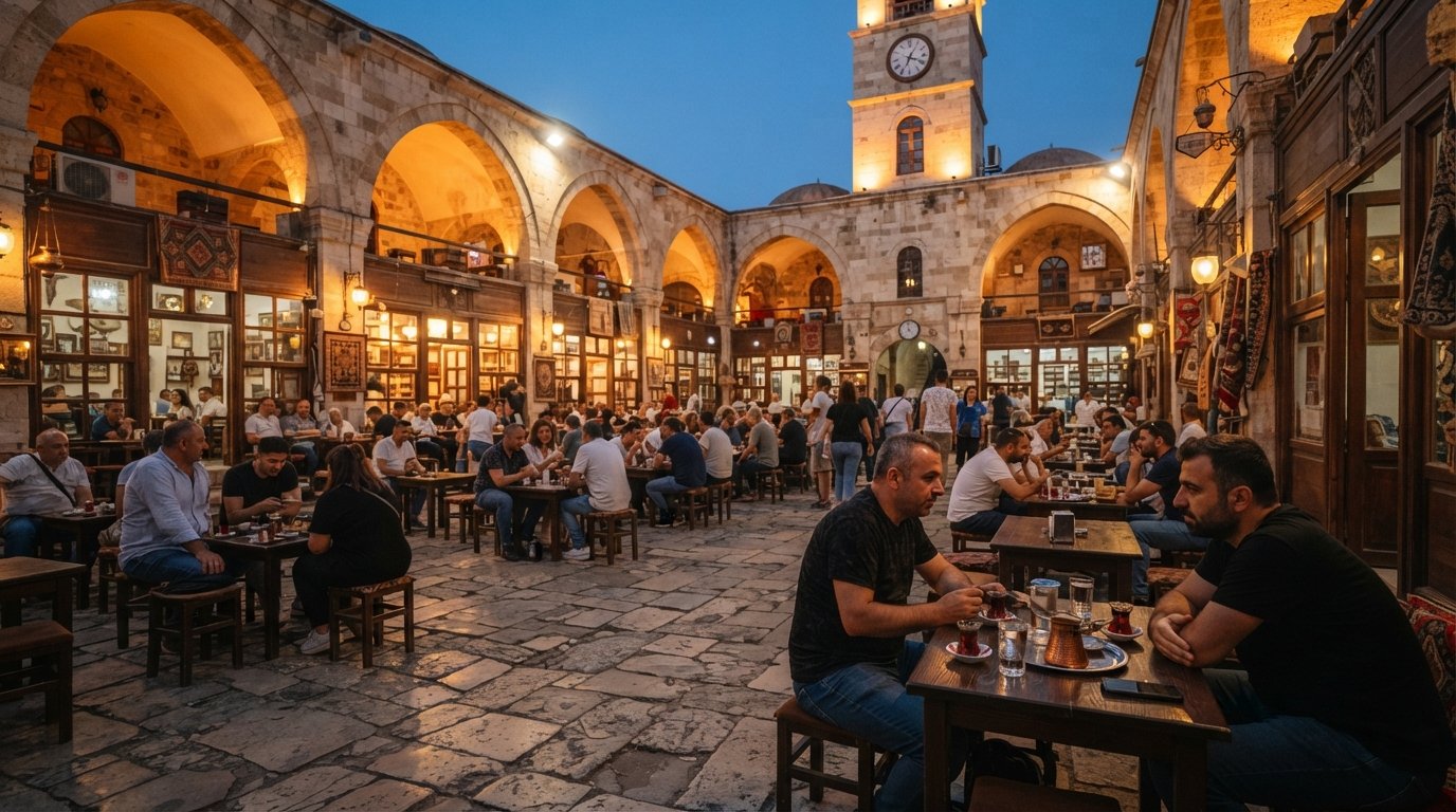 Kızlarağası Han courtyard at dusk, tea houses under stone arches, small coffee glasses on tables and warm light pooling across the paving