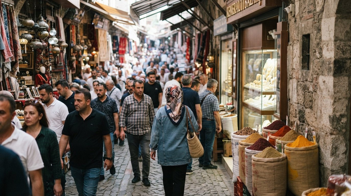 A crowded Kemeraltı bazaar lane in midday light, spice sacks leaning against jeweller windows and shoppers threading through numbered streets
